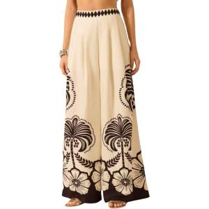 imagechouyatou Womens Casual Floral Print Wide Leg Beach Palazzo Pants Boho High Elastic Waist Dressy Culottes TrousersFloral Black