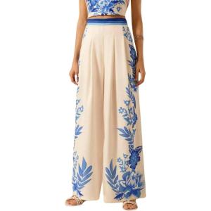 imagechouyatou Womens Casual Floral Print Wide Leg Beach Palazzo Pants Boho High Elastic Waist Dressy Culottes TrousersFloral Blue