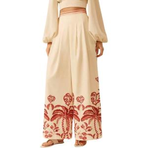 imagechouyatou Womens Casual Floral Print Wide Leg Beach Palazzo Pants Boho High Elastic Waist Dressy Culottes TrousersFloral Red