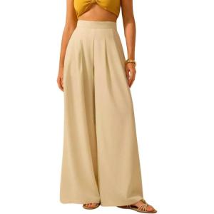 imagechouyatou Womens Casual Floral Print Wide Leg Beach Palazzo Pants Boho High Elastic Waist Dressy Culottes TrousersSolid Apricot