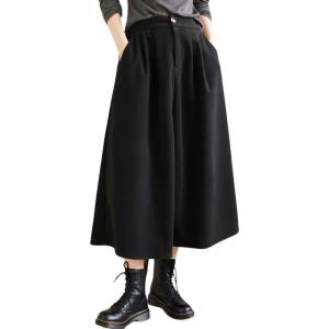 imagechouyatou Womens Casual High Elastic Waist Wool Skirt ALine Pleated Swing Wool Midi Long Skirt with PocketsBlack