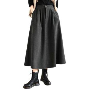 imagechouyatou Womens Casual High Elastic Waist Wool Skirt ALine Pleated Swing Wool Midi Long Skirt with PocketsDark Gray