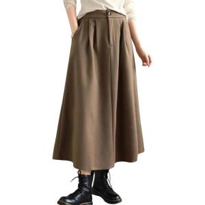 imagechouyatou Womens Casual High Elastic Waist Wool Skirt ALine Pleated Swing Wool Midi Long Skirt with PocketsKhaki