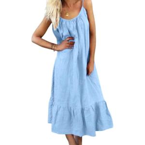 imagechouyatou Womens Cotton Linen Spaghetti Strap Beach Dress Casual Loose ALine Midi Long SundressBlue