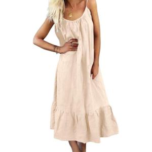 imagechouyatou Womens Cotton Linen Spaghetti Strap Beach Dress Casual Loose ALine Midi Long SundressLight Khaki