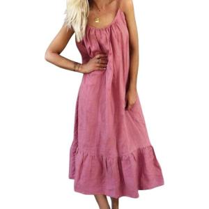 imagechouyatou Womens Cotton Linen Spaghetti Strap Beach Dress Casual Loose ALine Midi Long SundressPink