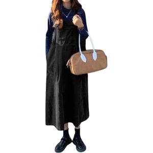 imagechouyatou Womens Cute Sleeveless Corduroy Jumper Dress Flare Midi Long Pinafore Dress with PocketsBlack