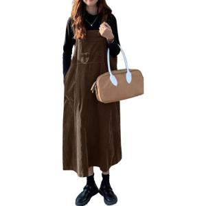 imagechouyatou Womens Cute Sleeveless Corduroy Jumper Dress Flare Midi Long Pinafore Dress with PocketsCoffee