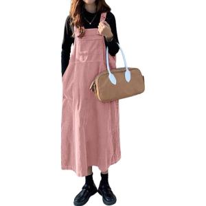 imagechouyatou Womens Cute Sleeveless Corduroy Jumper Dress Flare Midi Long Pinafore Dress with PocketsPink