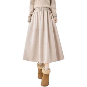 imagechouyatou Womens Elegant Ruffle Wool Midi Long Skirt Elastic Waist A Line Pleated Wool Blend Skirt with PocketsApricot