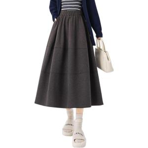 imagechouyatou Womens Elegant Ruffle Wool Midi Long Skirt Elastic Waist A Line Pleated Wool Blend Skirt with PocketsDark Gray