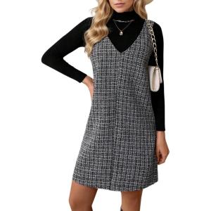 imagechouyatou Womens Elegant Tweed Plaid Pinafore Dress A Line V Neck Sleeveless Midi Overall Jumper DressBlack