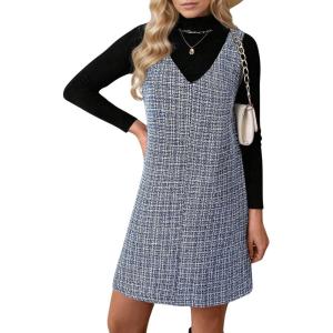 imagechouyatou Womens Elegant Tweed Plaid Pinafore Dress A Line V Neck Sleeveless Midi Overall Jumper DressBlue