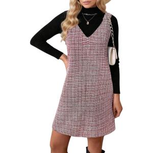imagechouyatou Womens Elegant Tweed Plaid Pinafore Dress A Line V Neck Sleeveless Midi Overall Jumper DressRed