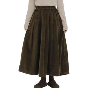 imagechouyatou Womens Fall Winter Corduroy Skirt Elastic High Waist ALine Flowy Pleated Midi Long SkirtArmy Green