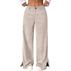 imagechouyatou Womens Fall Winter Corduroy Wide Leg Pants Side Split High Waisted Palazzo TrousersBeige