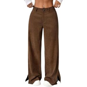 imagechouyatou Womens Fall Winter Corduroy Wide Leg Pants Side Split High Waisted Palazzo TrousersCoffee