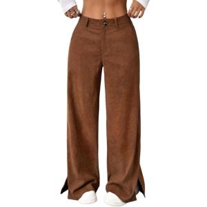 imagechouyatou Womens Fall Winter Corduroy Wide Leg Pants Side Split High Waisted Palazzo TrousersDark Brown