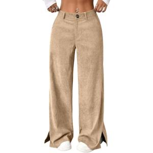 imagechouyatou Womens Fall Winter Corduroy Wide Leg Pants Side Split High Waisted Palazzo TrousersKhaki