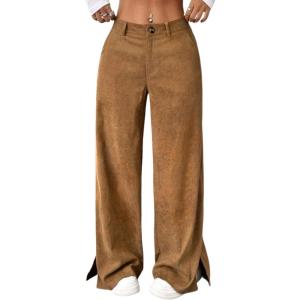 imagechouyatou Womens Fall Winter Corduroy Wide Leg Pants Side Split High Waisted Palazzo TrousersLight Brown