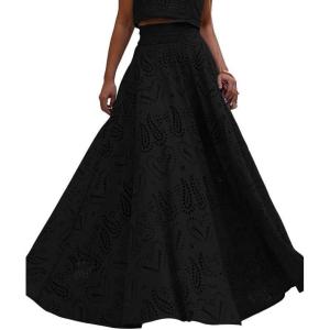 imagechouyatou Womens Hollow Out Eyelet Maxi Boho Skirt Back Smocked Waist Lace Floral Flowy Long Skirt with PocketsBlack