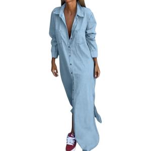 imagechouyatou Womens Long Sleeve Button Down Denim Maxi Shirt Dress Casual Lapel Side Slit Long Jean Shift DressLight Blue