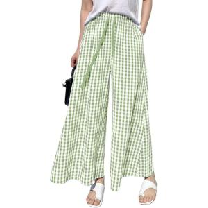 imagechouyatou Womens Plaid Wide Leg Culotte Pants Gingham High Elastic Waisted Cropped Palazzo Pants with PocketsGreen