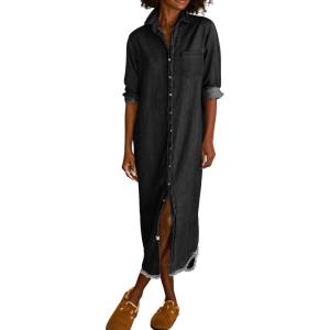 imagechouyatou Womens Spring Long Sleeve Button Down Denim Shirt Dress Lapel Distressed Midi Long Jean Shift DressBlack