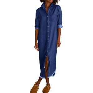 imagechouyatou Womens Spring Long Sleeve Button Down Denim Shirt Dress Lapel Distressed Midi Long Jean Shift DressDark Blue
