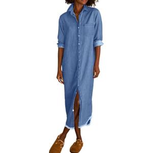 imagechouyatou Womens Spring Long Sleeve Button Down Denim Shirt Dress Lapel Distressed Midi Long Jean Shift DressLight Blue