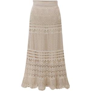 imagechouyatou Womens Stretched High Waist Crochet Hollow Out Knit Flowy Patterned Lace Maxi SkirtBeige