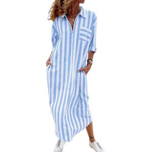 imagechouyatou Womens Summer 34 Sleeve Striped Shirt Dress Business Casual Half Zipper Maxi Long Beach DressBlue