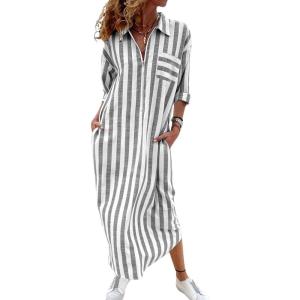 imagechouyatou Womens Summer 34 Sleeve Striped Shirt Dress Business Casual Half Zipper Maxi Long Beach DressGrey
