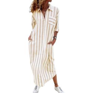 imagechouyatou Womens Summer 34 Sleeve Striped Shirt Dress Business Casual Half Zipper Maxi Long Beach DressKhaki