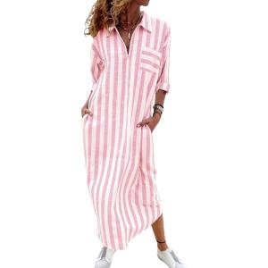 imagechouyatou Womens Summer 34 Sleeve Striped Shirt Dress Business Casual Half Zipper Maxi Long Beach DressPink