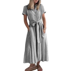 imagechouyatou Womens Summer Short Sleeve Striped Maxi Long Shirt Dress Boho Business Casual Cotton DressesBlack