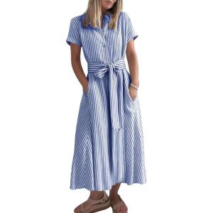 imagechouyatou Womens Summer Short Sleeve Striped Maxi Long Shirt Dress Boho Business Casual Cotton DressesBlue