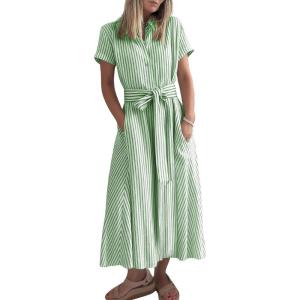 imagechouyatou Womens Summer Short Sleeve Striped Maxi Long Shirt Dress Boho Business Casual Cotton DressesGreen