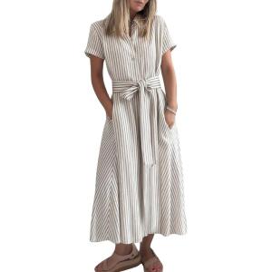 imagechouyatou Womens Summer Short Sleeve Striped Maxi Long Shirt Dress Boho Business Casual Cotton DressesKhaki
