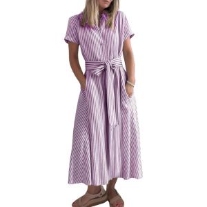 imagechouyatou Womens Summer Short Sleeve Striped Maxi Long Shirt Dress Boho Business Casual Cotton DressesPurple