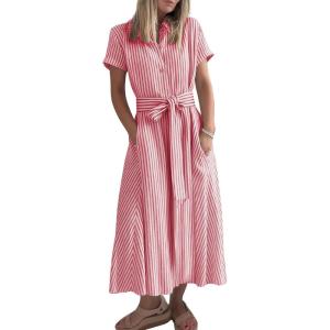 imagechouyatou Womens Summer Short Sleeve Striped Maxi Long Shirt Dress Boho Business Casual Cotton DressesRed
