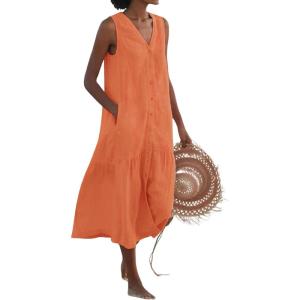 imagechouyatou Womens Summer Sleeveless Button Down Cotton Tank Dress Loose ALine Tiered Tunic Beach DressOrange