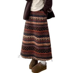 imagechouyatou Womens Tribal Aztec Boho Fleece Skirt A Line Flared Fair Isle Fall Winter Midi Long Bubble SkirtCoffee