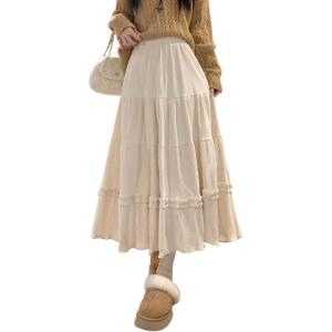 imagechouyatou Womens Vintage Corduroy Ruffle Skirt High Elastic Waist Swing Pleated ALine Midi Long SkirtBeige White