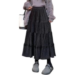 imagechouyatou Womens Vintage Corduroy Ruffle Skirt High Elastic Waist Swing Pleated ALine Midi Long SkirtBlack
