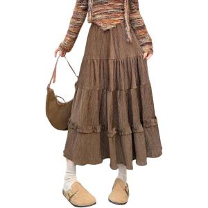 imagechouyatou Womens Vintage Corduroy Ruffle Skirt High Elastic Waist Swing Pleated ALine Midi Long SkirtCoffee Brown