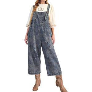 imageCHOUYATOU Womens Baggy Leopard Denim Bib Overall Jeans Distressed Adjustable Strap Wide Leg JumpsuitBlue
