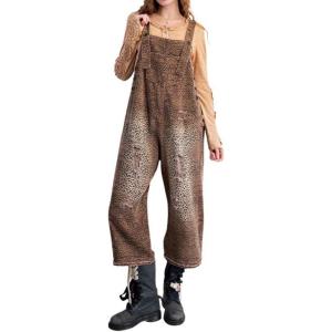 imageCHOUYATOU Womens Baggy Leopard Denim Bib Overall Jeans Distressed Adjustable Strap Wide Leg JumpsuitMocha Brown