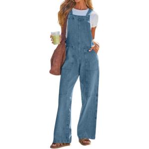 imageCHOUYATOU Womens Distressed Adjustable Strap Denim Bib Overall Western Patchwork Wide Leg Jeans JumpsuitsBlue