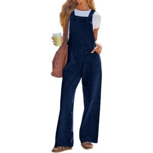 imageCHOUYATOU Womens Distressed Adjustable Strap Denim Bib Overall Western Patchwork Wide Leg Jeans JumpsuitsDark Blue